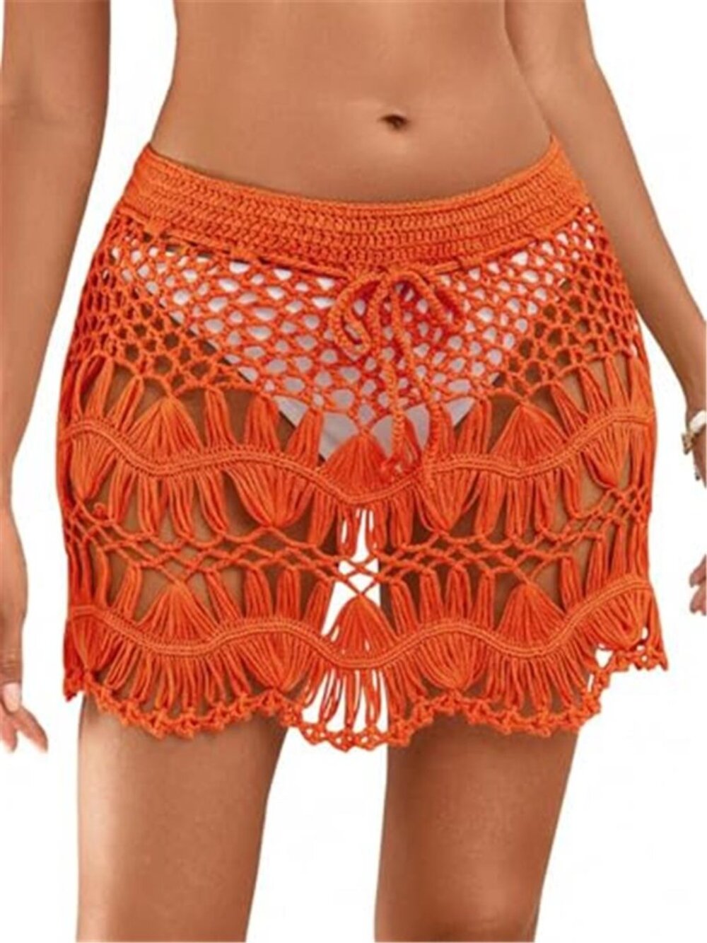 MakeMeChic Orange Crochet Tie Waist Mini Beach Cover Up Skirt Swim Coverup